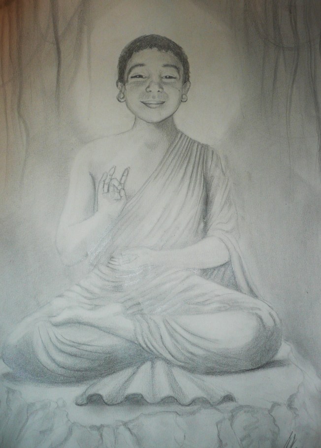Bleistift A4, Auftragsarbeit, aus einem einfachen Porträt wurde aufgrund des seligen Lächelns eine Hommage an Buddha :-)